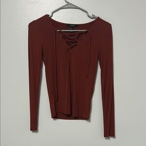Forever 21 Red Long Sleeve Tie Front Blouse